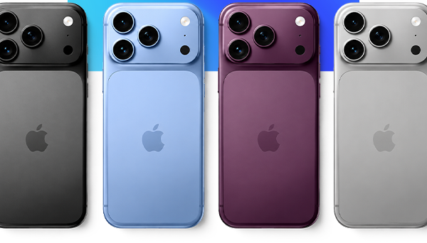 Quatro modelos do iPhone 18 nas cores grafite, azul, roxo e titânio natural — Lista VIP Bluenet Solutions